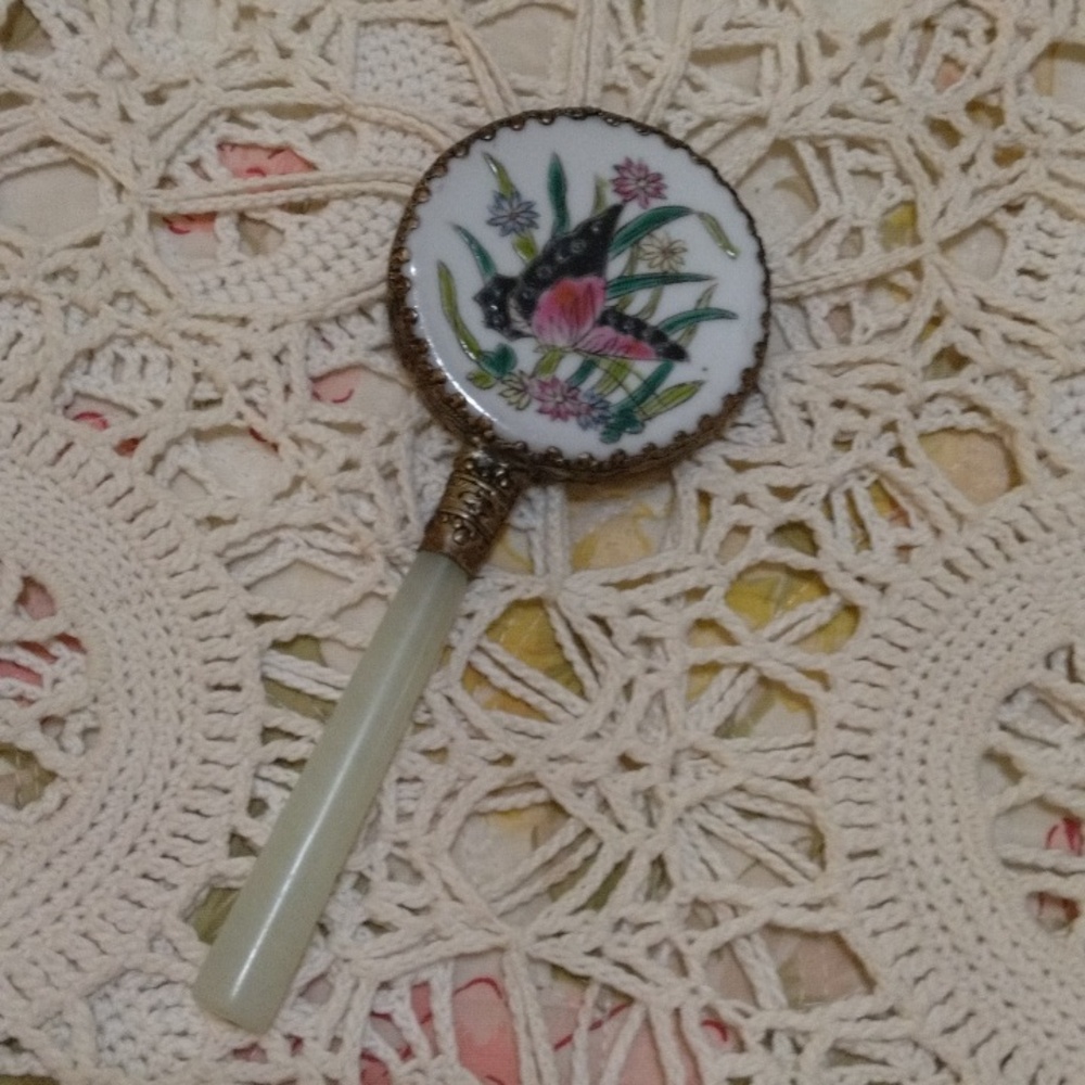 Beautiful Vintage Porcelain and Jade Hand Mirror
